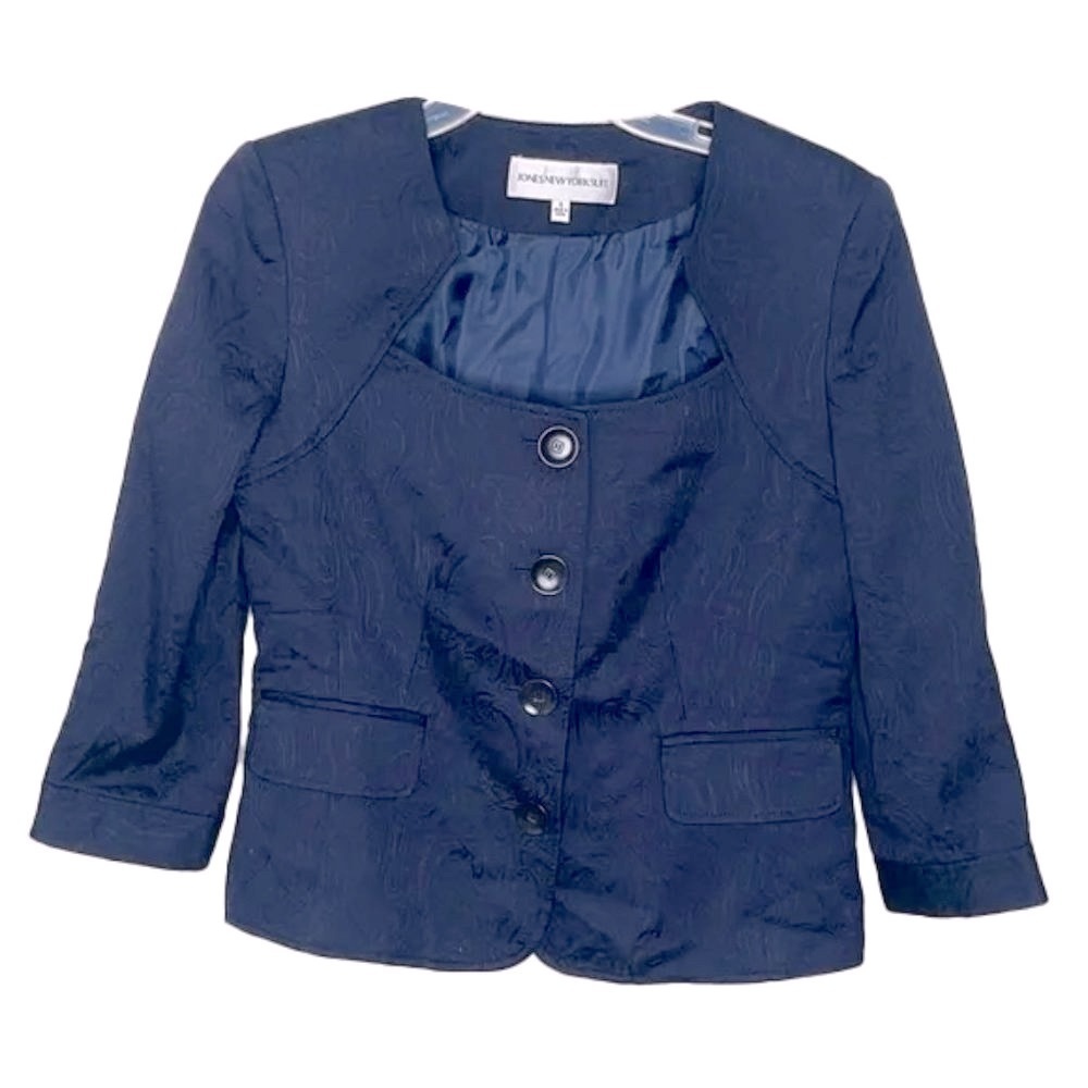 ❤️ 🆕 JONES NEW YORK SUIT Jacket Navy Paisley Jacquard Square Neck Jacket Size 4